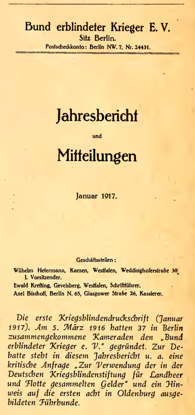 Ein Hinweis im Jahresbericht vom Bund erblindeter Krieger e.V. vom Januar 1917 über die erfolgreiche Ausbildung von acht Führhunden durch die Oldenburger Schule.