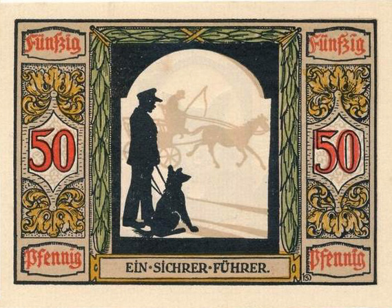 Die Aufteilung ist horizontal in drei Spalten. Rchts und links jeweils die Wertstellung, mittig die Silhouette eines stehenden Mannes mit Blindenführhund, im Hintergrund eine Kutsche.